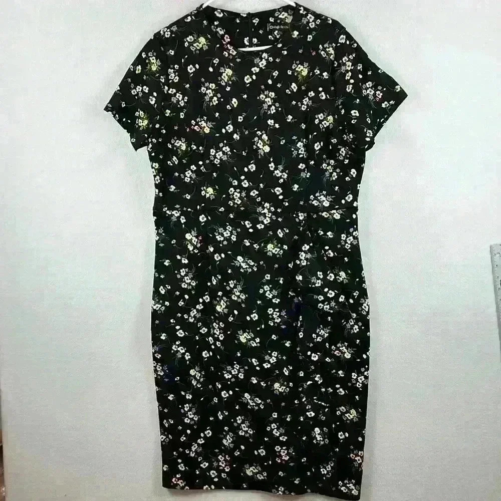 Oxiuli Fashion Women’s Dress 2XL Black Floral Print Side Front Ruffle